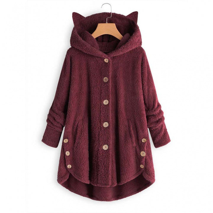 Women's Hooded Teddy Coat with Cat Ears, Button Placket and Asymmetrical Hem Mune Fashion
