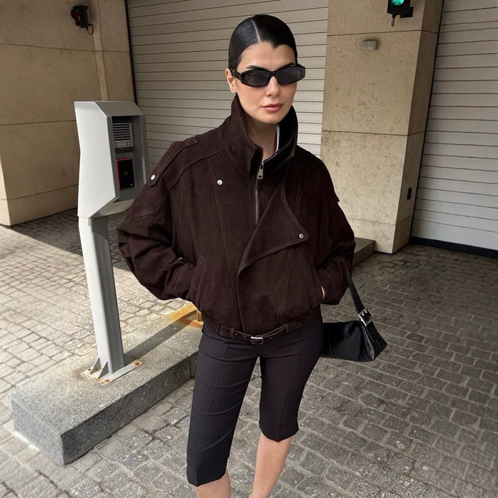 Women Short Velour Leather Bomber Jacket with High Stand-Up Collar and Waist Belt Mune Fashion
