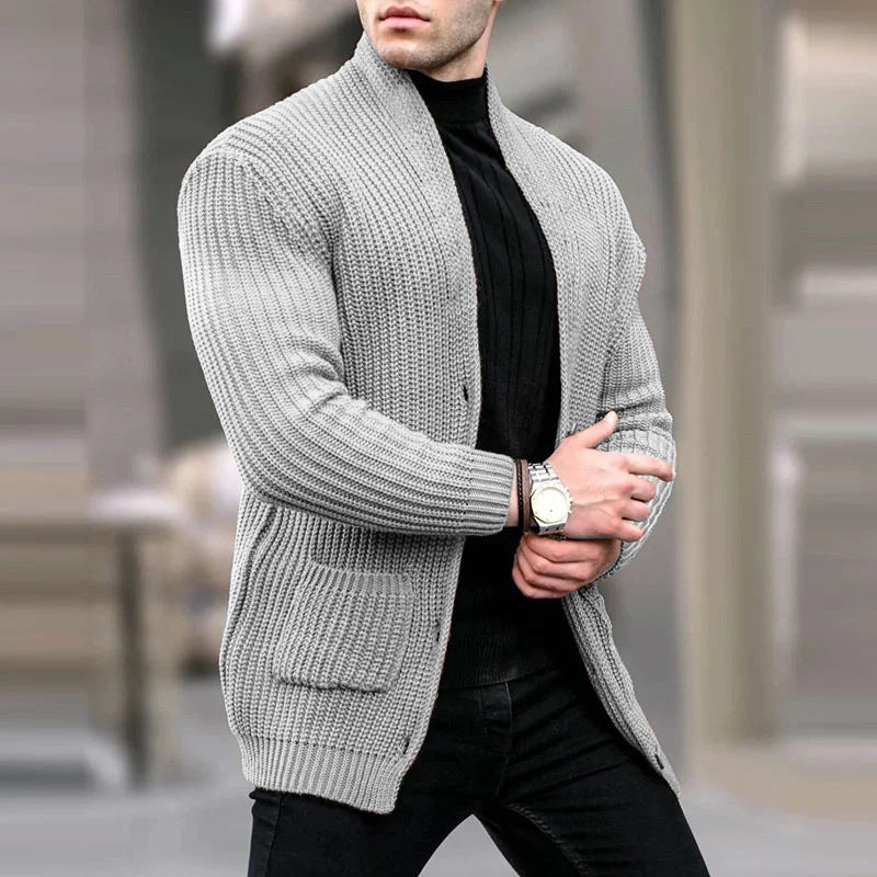 Men's chunky knit cardigan with shawl collar and patch pockets Mune Fashion