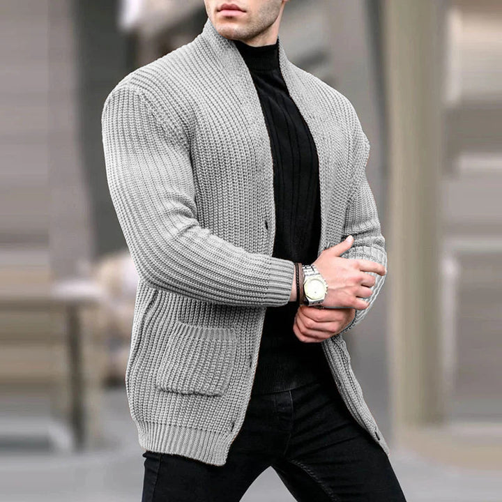 Men's chunky knit cardigan with shawl collar and patch pockets Mune Fashion