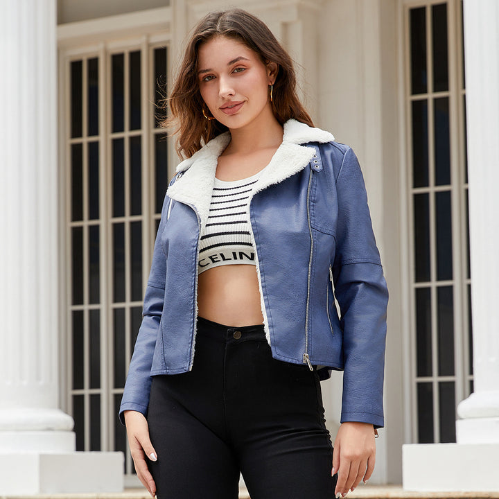 Women's fitted faux leather biker jacket with detachable faux fur collar and diagonal zipper Mune Fashion
