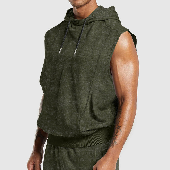 Men's sleeveless hoodie in stone-wash look with deep armholes and ribbed hem Mune Fashion