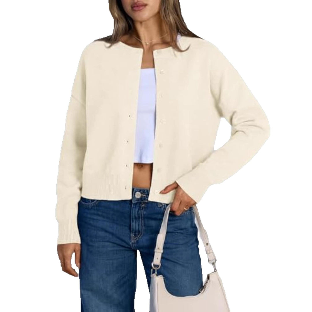 Women's Cropped Cardigan in Boxy Cut with Round Neck and Ribbed Cuffs Drune