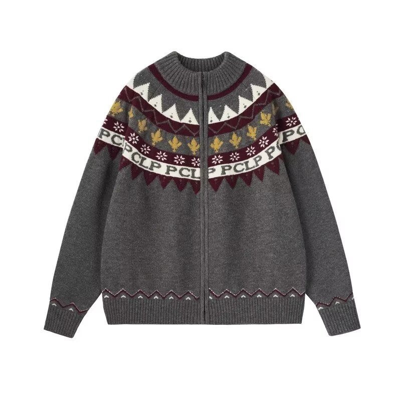 Women Casual Knit Zip Jacket with Jacquard Yoke and Ribbed Cuffs Mune Fashion