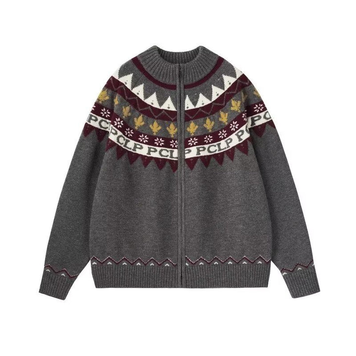 Women Casual Knit Zip Jacket with Jacquard Yoke and Ribbed Cuffs Mune Fashion