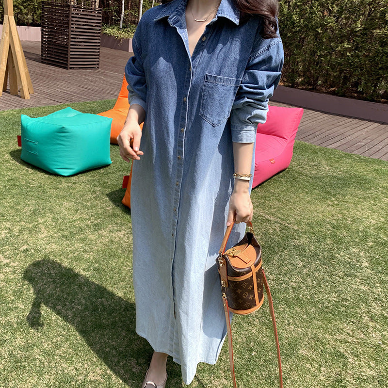 Women's Gradient Jeans Shirt Dress Maxi with Full Button Placket, Chest Pocket, and Side Slits Mune Fashion