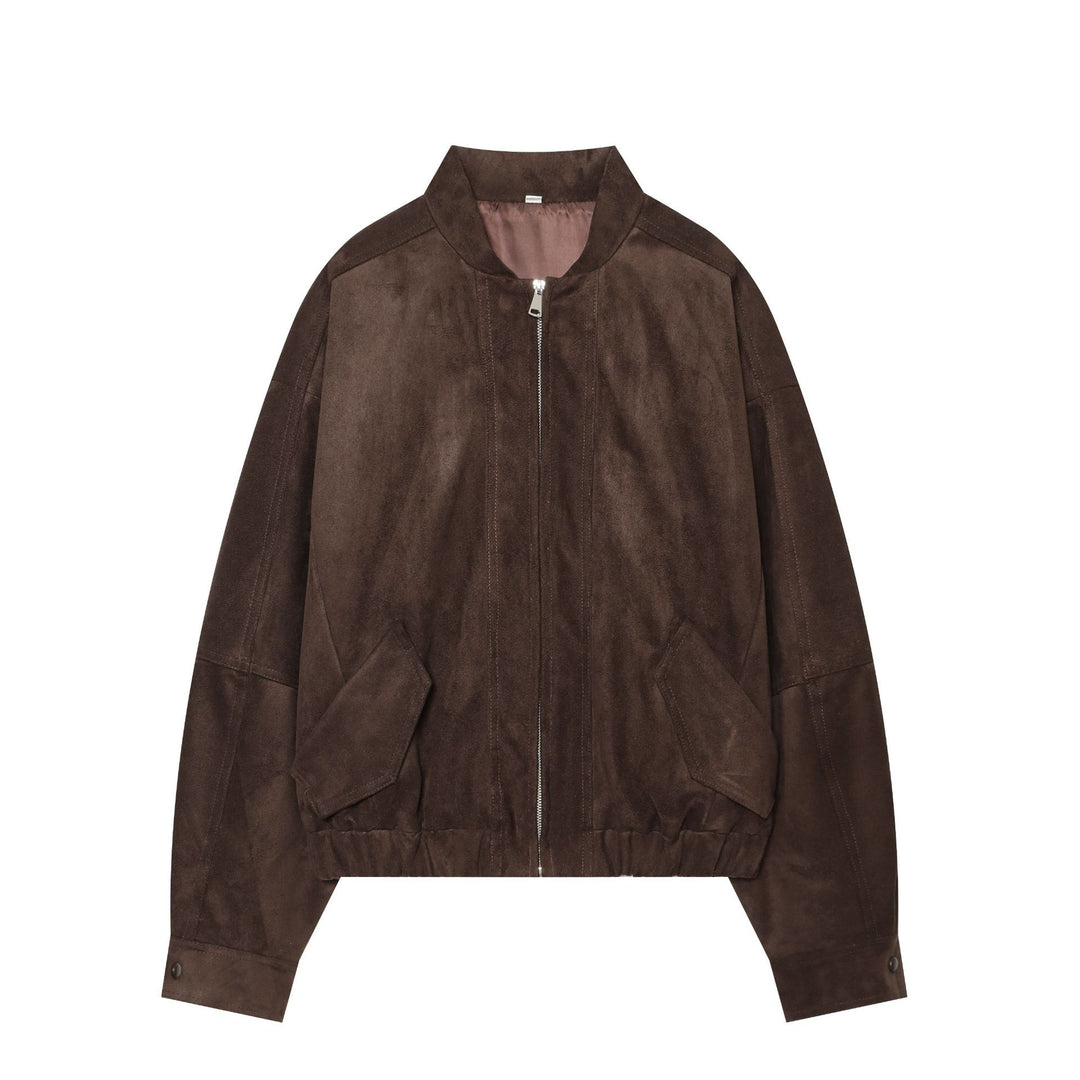 Women's casual suede look bomber jacket with zipper, stand-up collar, and large flap pockets Mune Fashion