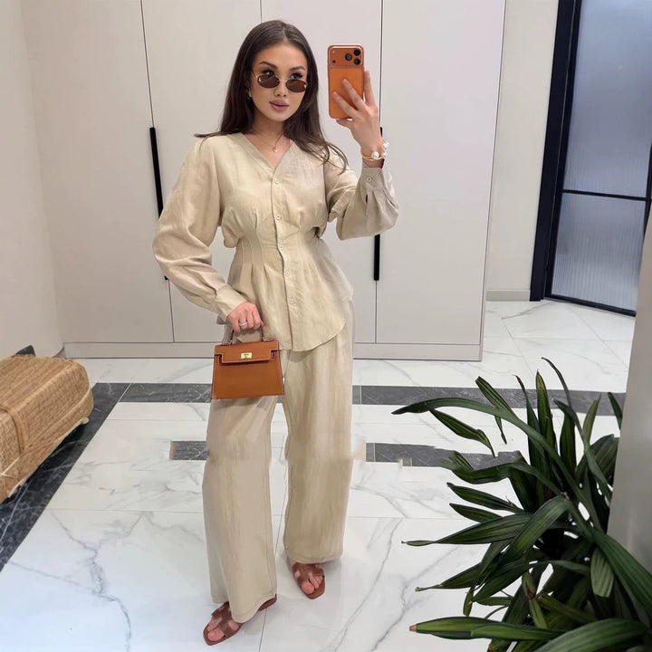 Women V-Neck Blouse and Culotte Set with Waist Pleats and Wide Legs Mune Fashion