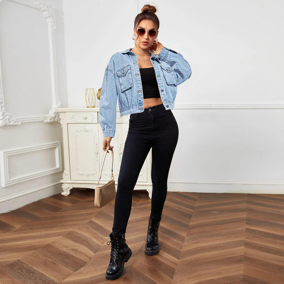 Women Cropped Boxy Denim Jacket with Patch Chest Pockets and Short Hem Mune Fashion
