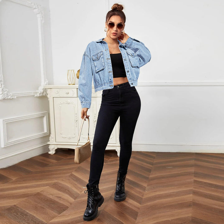 Women Cropped Boxy Denim Jacket with Patch Chest Pockets and Short Hem Mune Fashion