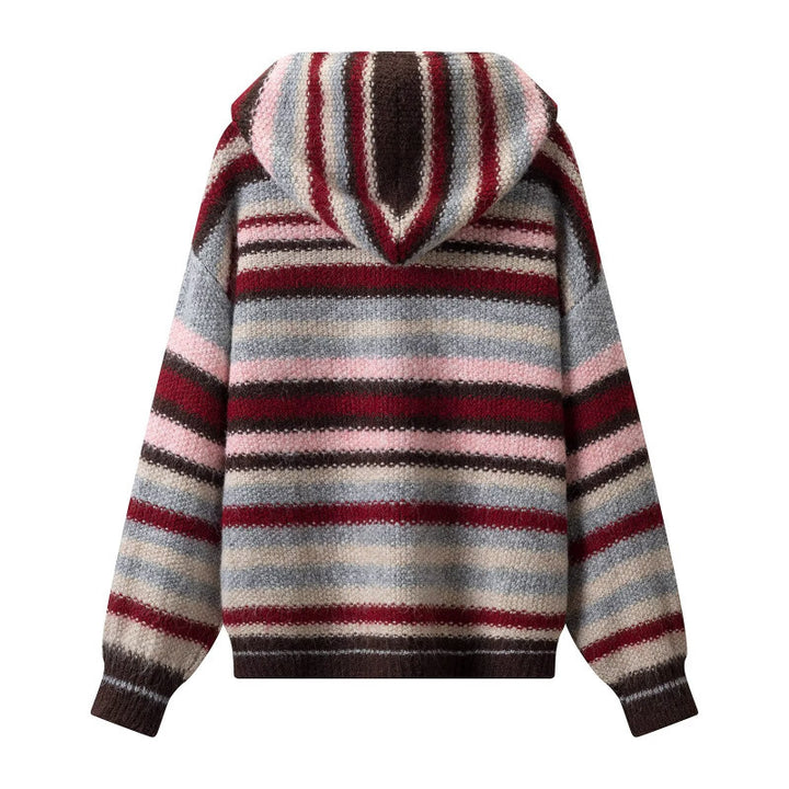 Women's Striped Hooded Cardigan made of fluffy Mohair blend with triangle buttons Mune Fashion