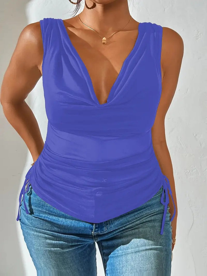Women Sleeveless Draped V-Neck Top with Side Tuck Mune Fashion