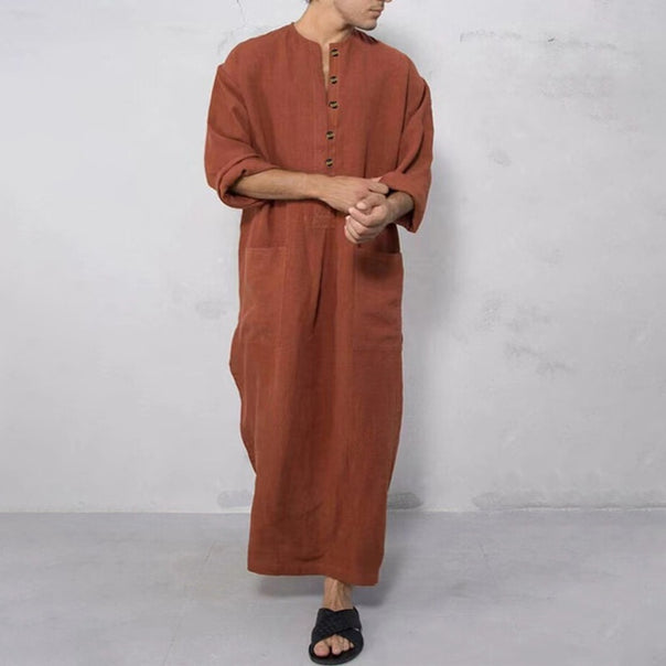 Men's wide long tunic-kaftan made of breathable linen with stand-up collar, button placket, and patch pockets Mune Fashion