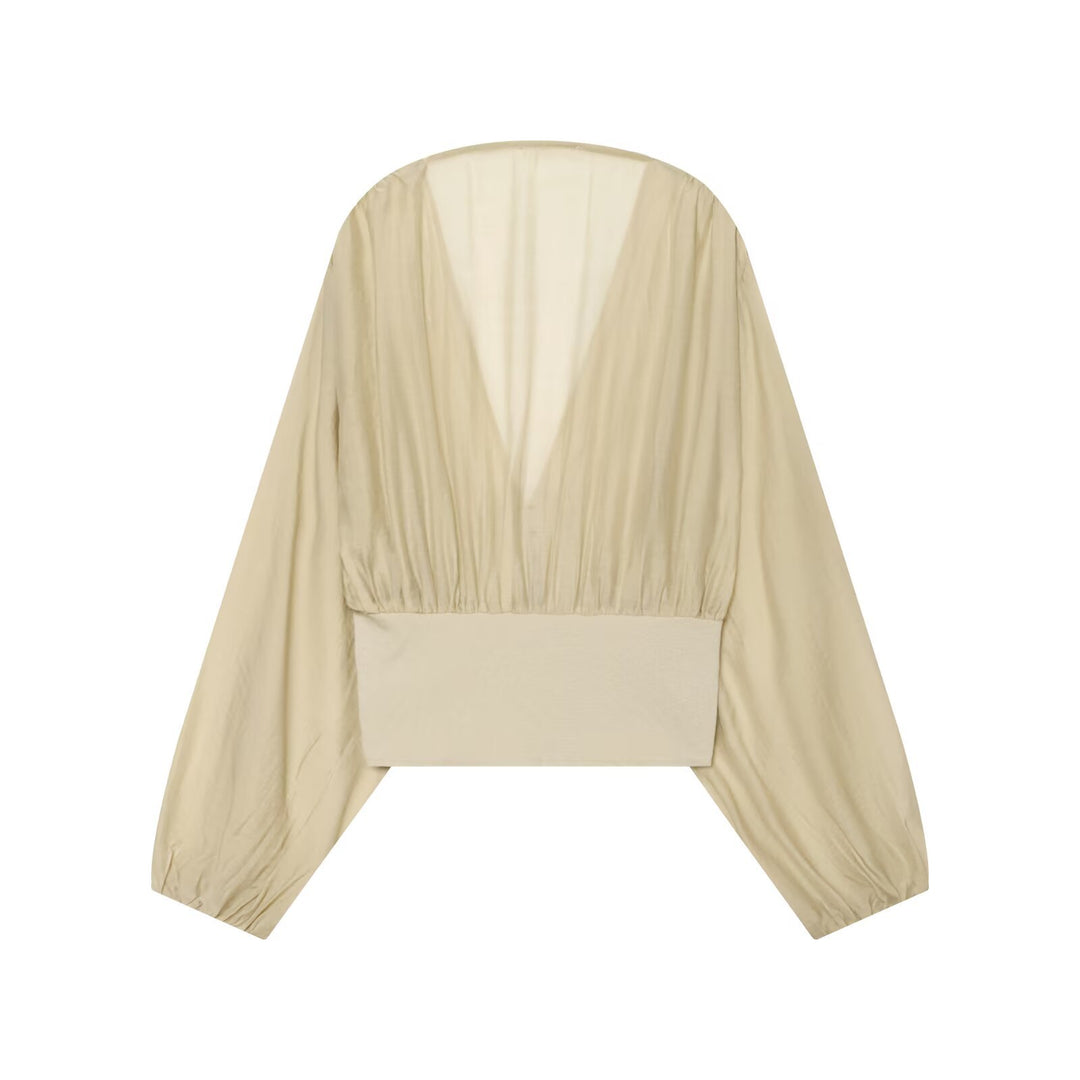 Women Short Bolero Blouson with Deep V-Neck, Gathered Yoke and Balloon Sleeves Drune