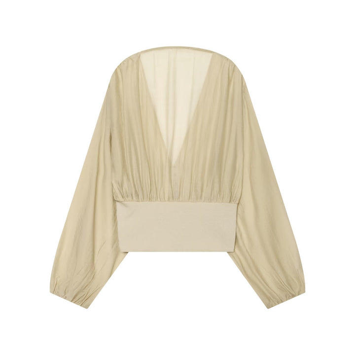 Women Short Bolero Blouson with Deep V-Neck, Gathered Yoke and Balloon Sleeves Drune