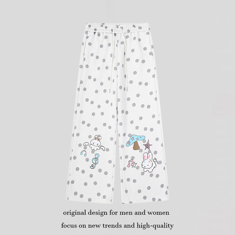 Women Wide Lounge Pants with Comfort Waistband, Polka Dot Allover and Playful Cartoon Print Mune Fashion