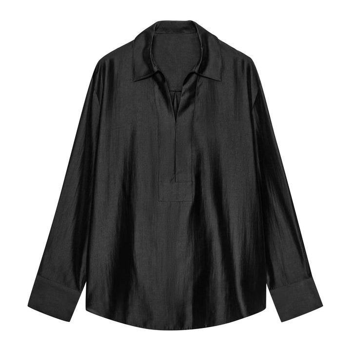 Women Loose-Fitting Tunic Shirt Blouse with Half-Open V-Neck and Wide Cuffs Mune Fashion