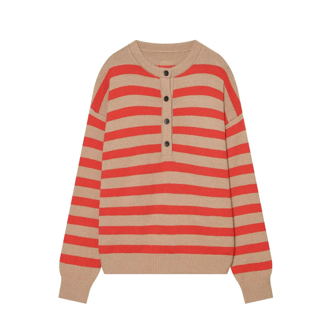 Women's Striped Knitted Sweater with Henley Button Placket Mune Fashion