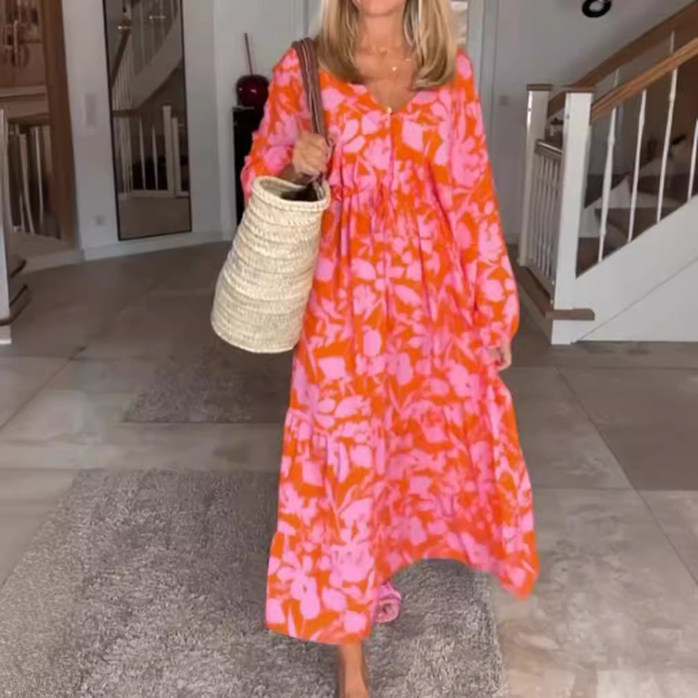 Ladies airy tiered maxi dress with V-neck tunnel waist and balloon sleeves Mune Fashion
