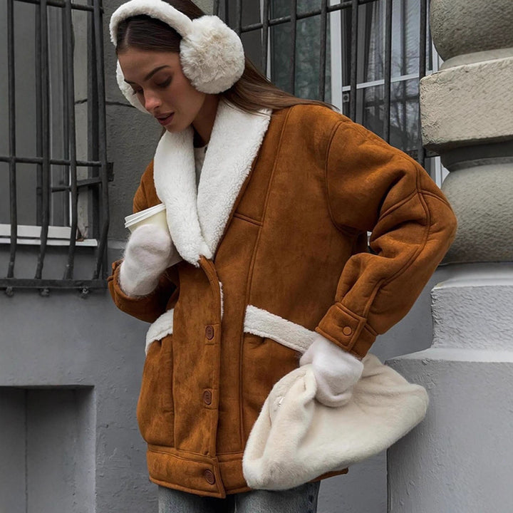 Women Oversized Sheepskin Imitation Jacket with Large Shawl Collar Mune Fashion