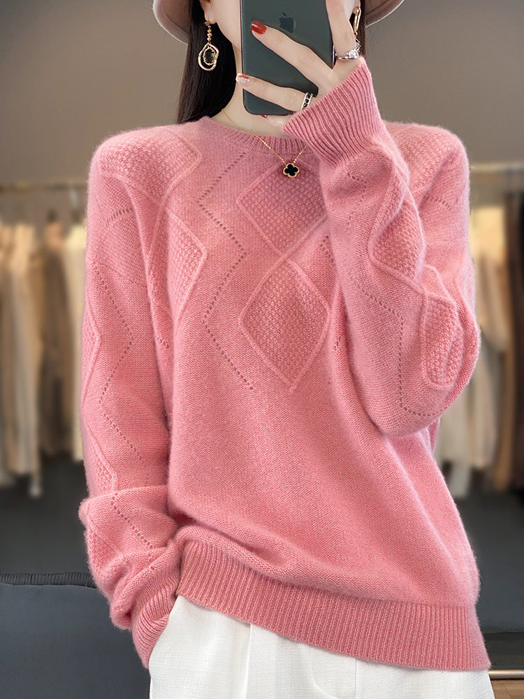 Women's Soft Diamond Pattern Sweater in Mohair Look with Fine Openwork Structure and Round Neckline Mune Fashion