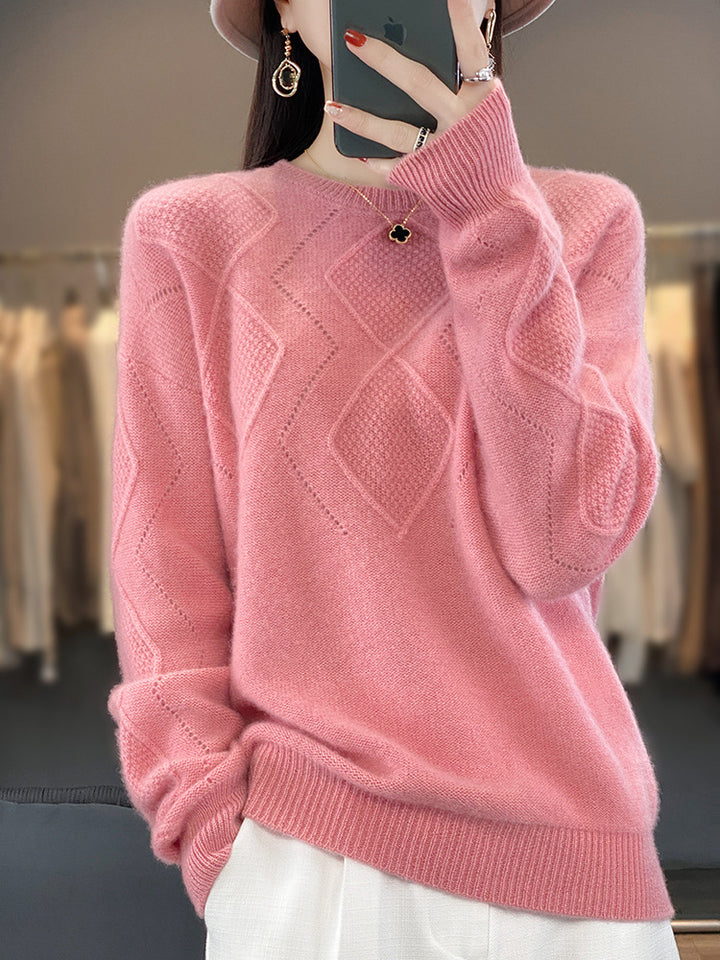 Women's Soft Diamond Pattern Sweater in Mohair Look with Fine Openwork Structure and Round Neckline Mune Fashion
