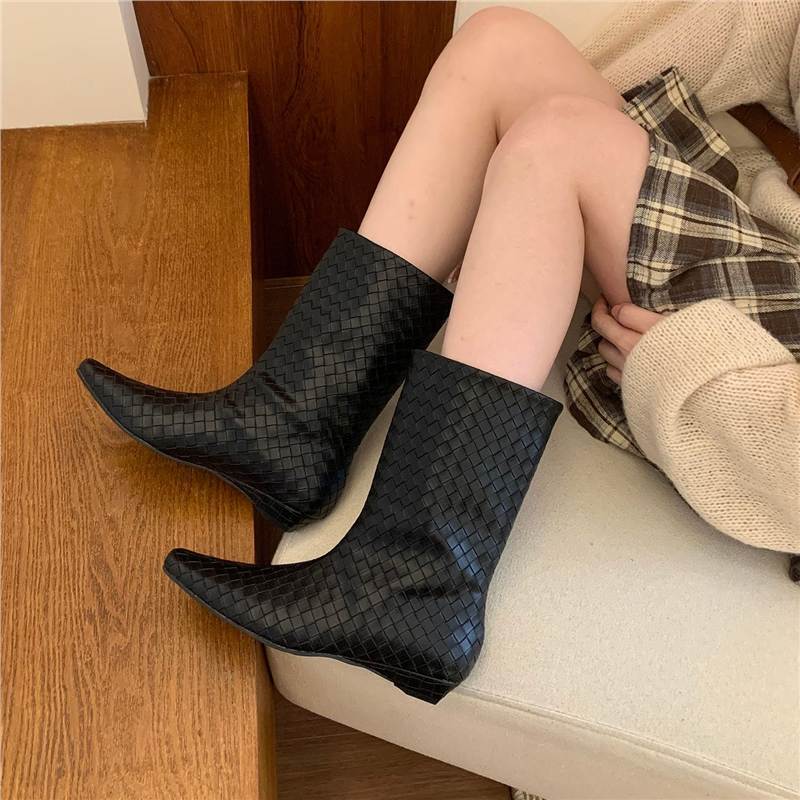 Women Braided Mid-Calf Boots with Pointed Toe Shape and Flat Block Heel Mune Fashion