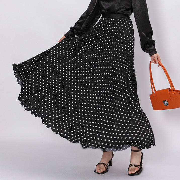 Women's pleated circle midi skirt in retro polka dot design with elastic comfort waistband Mune Fashion