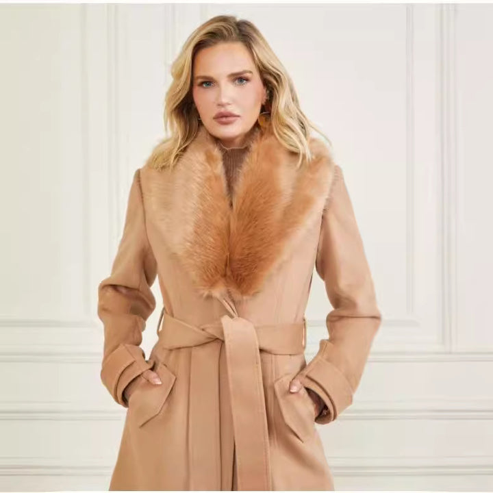 Women’s wool coat with detachable fur collar and waist belt Mune Fashion