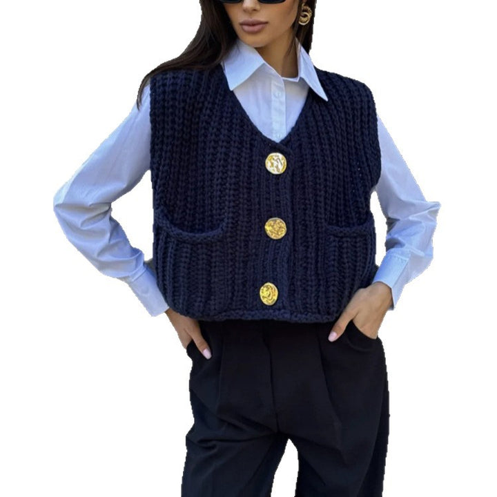 Women's Chunky Knit Cropped Vest with V-Neck and Gold Decorative Buttons Mune Fashion