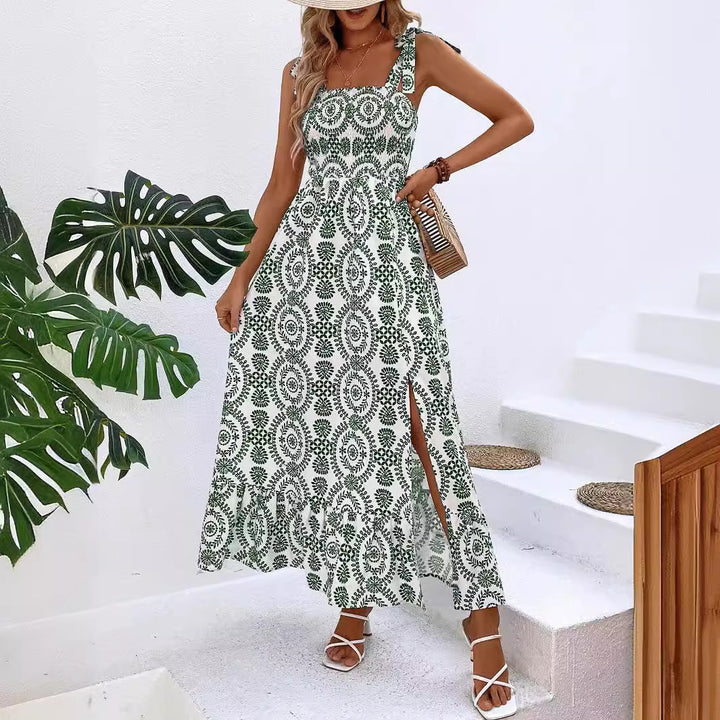 Women's maxi dress with smocked bustier, tie straps, and side leg slit Mune Fashion