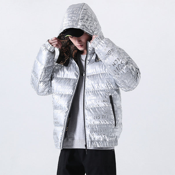 Men's Reflective Quilted Down-Look Jacket with Hood and Allover Print Mune Fashion