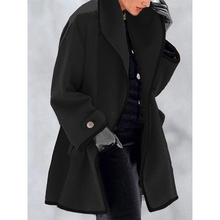 Women's A-line wool blend coat with hood and contrasting piping Mune Fashion