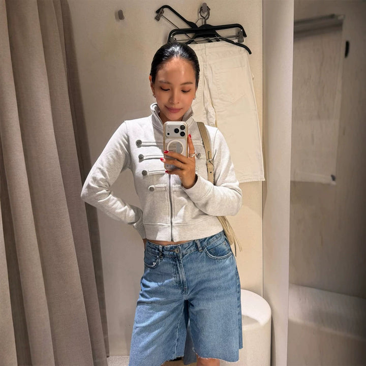 Women Short-Cut Sweat Jacket in Military Look with Stand-Up Collar Mune Fashion