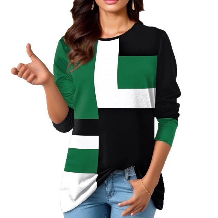 Women's geometric color block long sleeve tunic top with round neck and asymmetrical hem Mune Fashion