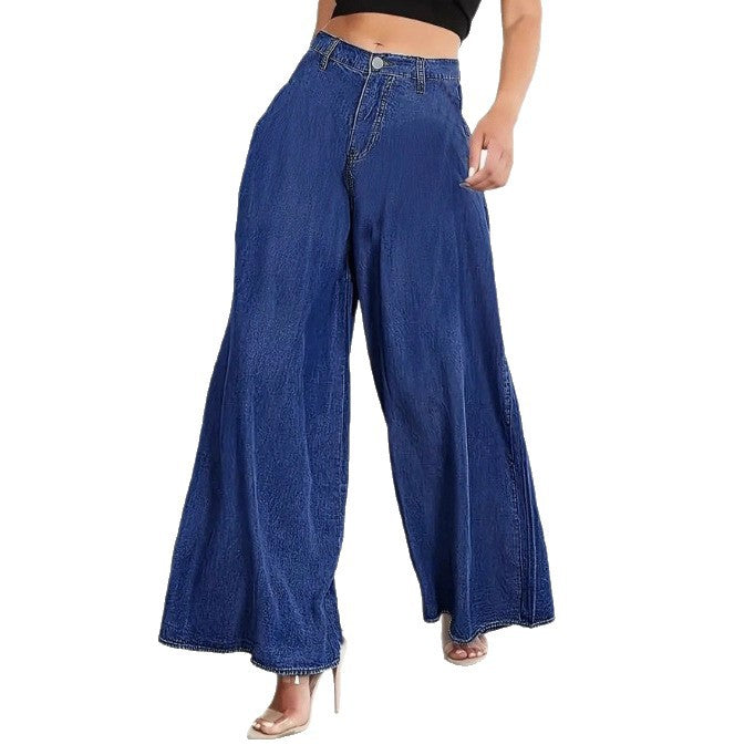 Women Extra Wide High-Waist Denim Palazzo Pants with Flowing A-Line Fall Mune Fashion