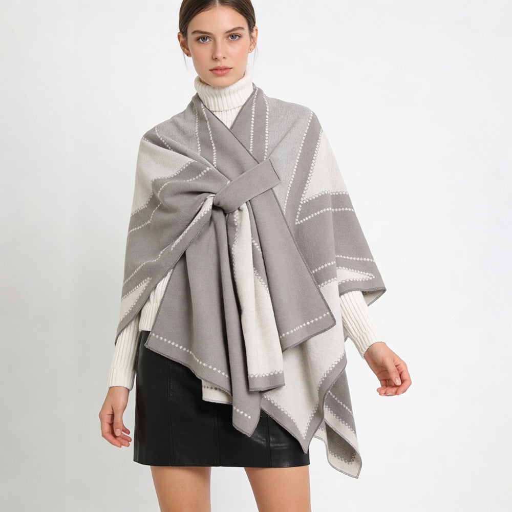 Women Oversize Cape made of Jacquard knit with tie loop Mune Fashion