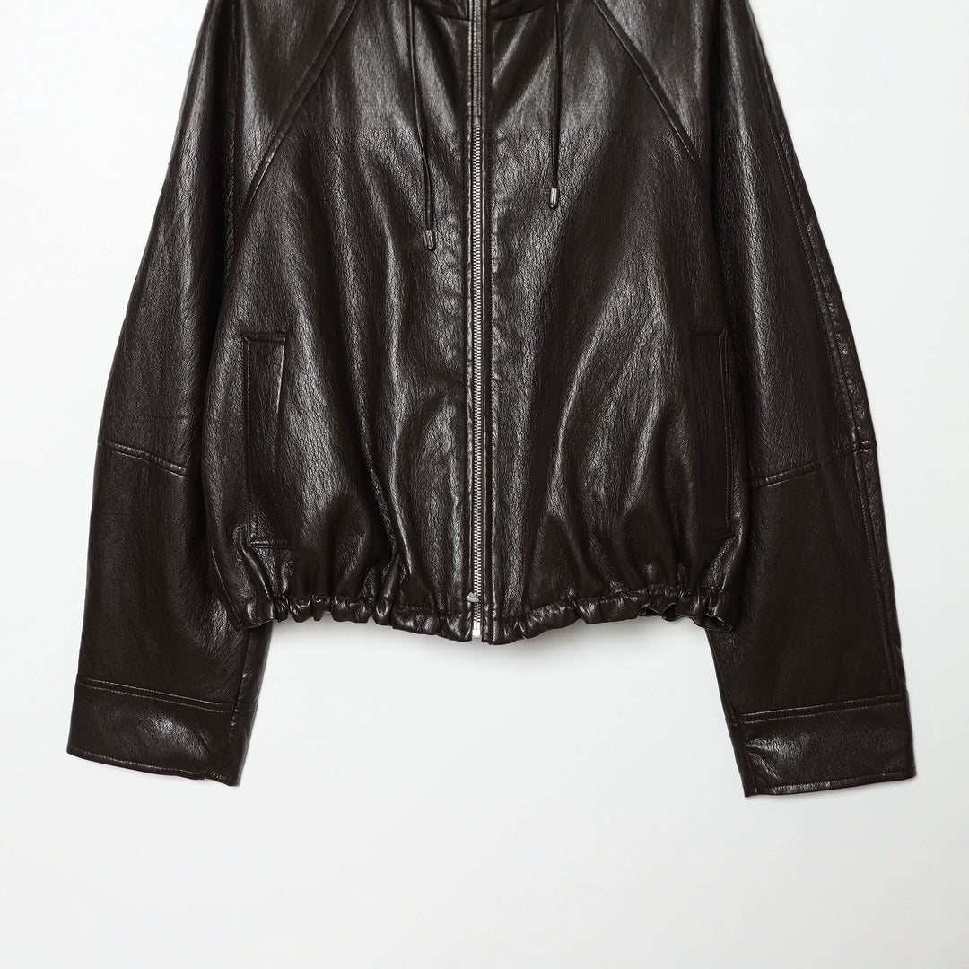 Women's short faux leather bomber jacket with hood, zipper and elastic hem Mune Fashion