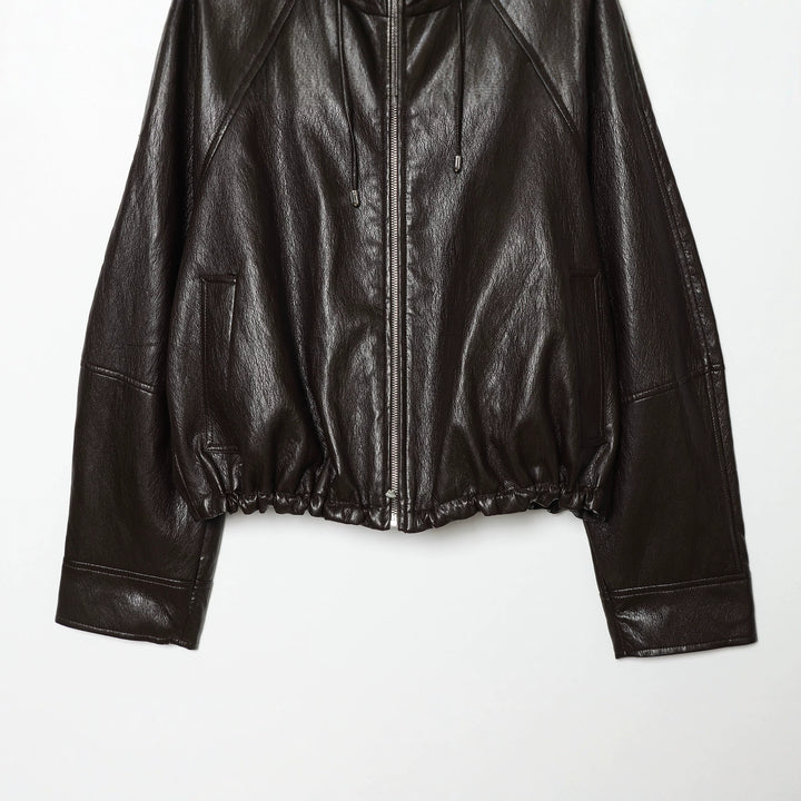 Women's short faux leather bomber jacket with hood, zipper and elastic hem Mune Fashion
