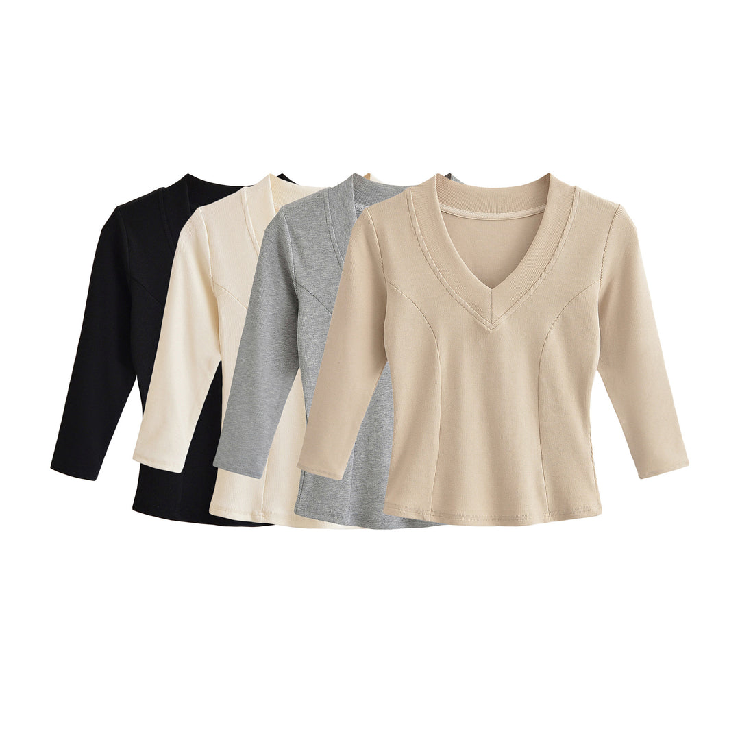 Women's Ribbed Long Sleeve Shirt with V-Neck and Tailored Fit Mune Fashion