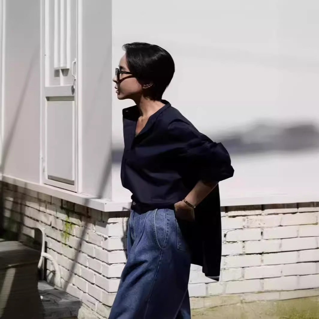 Women's boxy shirt with short stand-up collar, dropped shoulder, and extended back Mune Fashion