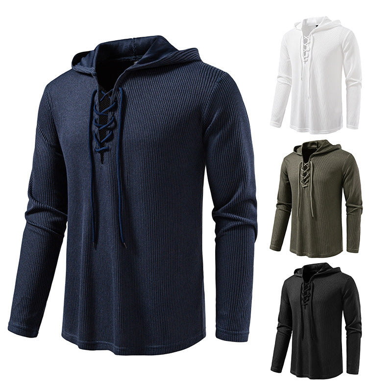 Men's waffle knit hoodie with lace-up collar and straight hem Mune Fashion