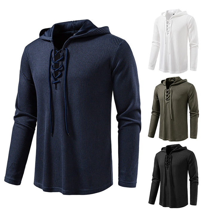 Men's waffle knit hoodie with lace-up collar and straight hem Mune Fashion