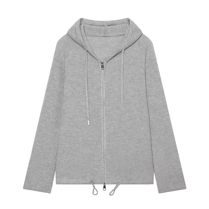 Women's knitted zip-up hoodie with full zip, ribbed texture and drawstring Mune Fashion
