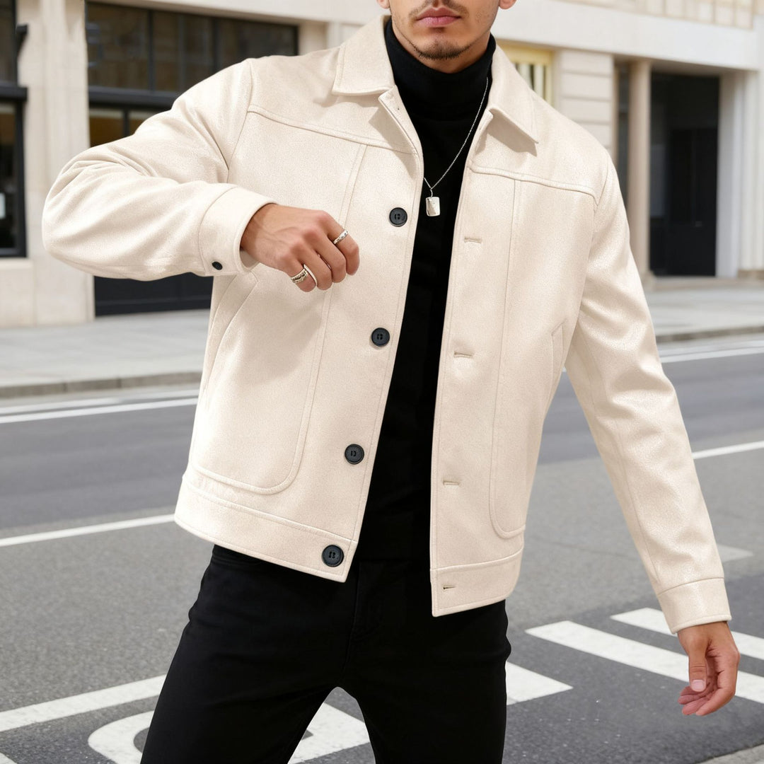 Men's modern trucker overshirt made of suede imitation with decorative stitching and patch pockets Mune Fashion
