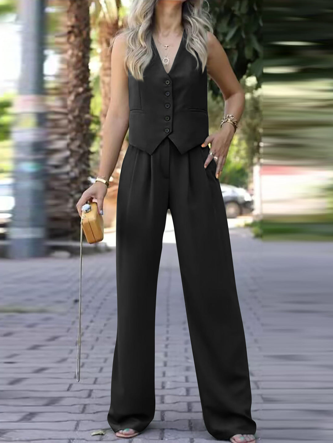 Ladies Elegant Two-Piece with Fitted Vest and Wide Palazzo Pants Mune Fashion