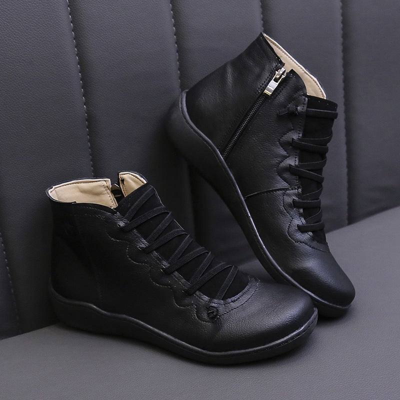 Women's ankle-high leather ankle boot with side zipper, elastic lacing, and ergonomic comfort sole Mune Fashion