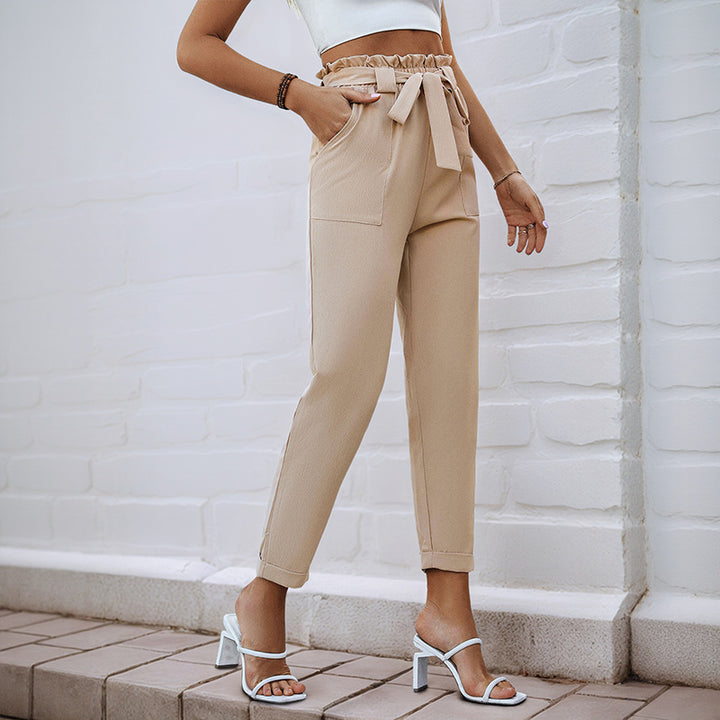 Women's Lightweight Paperbag Pants with Elastic Waistband, Tied Belt and Patch Pockets Mune Fashion