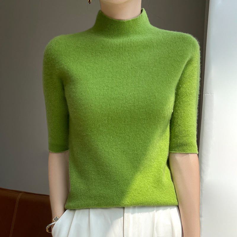 Women's Short Sleeve Mock Neck Sweater with Fluffy Angora Look Mune Fashion