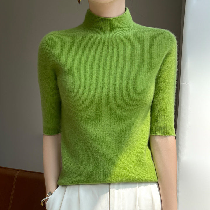 Women's Short Sleeve Mock Neck Sweater with Fluffy Angora Look Mune Fashion